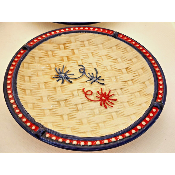 BREAD BUTTER PLATES-TEMPTATIONS-Floral Lace-Red Blue-Basket Weave Pattern-SET 4 - Picture 2 of 11